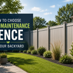 Modern backyard with a low-maintenance vinyl fence, landscaped garden, and patio seating area under a clear sky