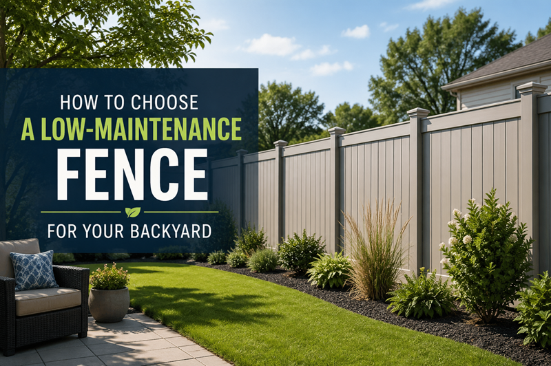 Modern backyard with a low-maintenance vinyl fence, landscaped garden, and patio seating area under a clear sky